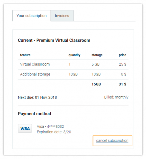 Virtual Classroom - Billing and Upgrade Click Cancel Subscription to cancel your Vedamo subscription