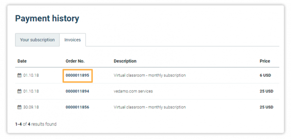 Virtual Classroom - Billing and Upgrade A full list of your Vedamo Invoices