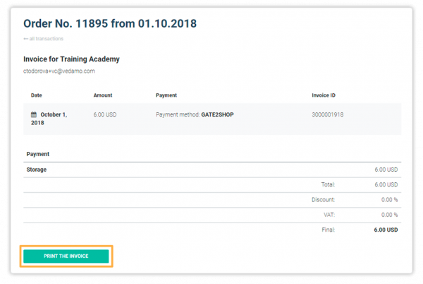 Virtual Classroom - Billing and Upgrade Click on Print the Invoice to print your Vedamo Invoice on paper