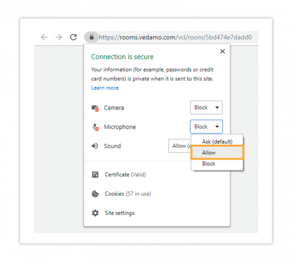 Allow your microphone: Microphone Denied error: Vedamo web site mic permissions