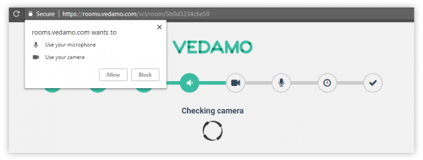 An image of the process of entering the Vedamo virtual classroom, know as system check