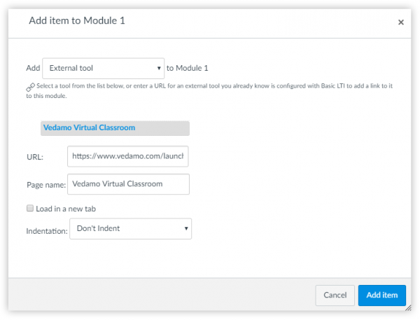 A window in Canvas that allow you to add an External tool to the LMS