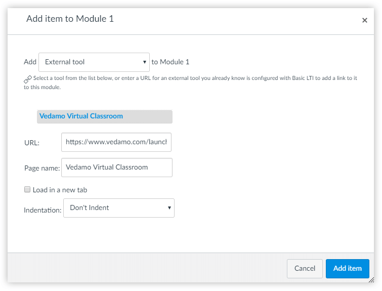 How to Use VEDAMO Virtual Classroom as a Teacher with Canvas: A window in Canvas that allow you to add an External tool to the LMS