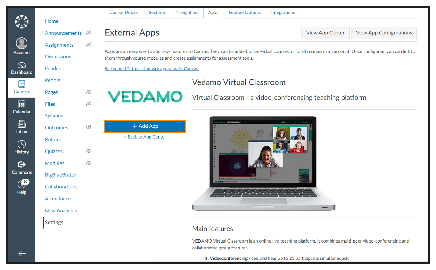 How to Integrate Vedamo Virtual Classroom with Open-Source Canvas LMS: You will have to press the "Add App" button