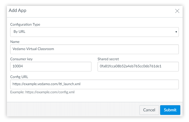 How to Integrate Vedamo Virtual Classroom with Open-Source Canvas LMS: Example of all the needed information that has to be filled in