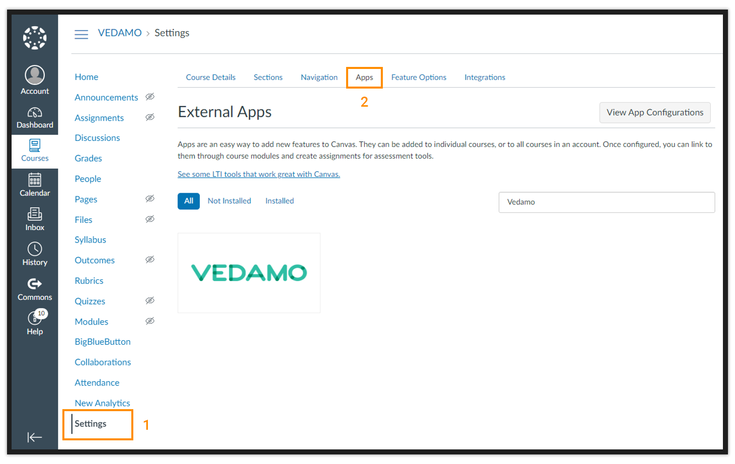 How to Integrate Vedamo Virtual Classroom with Open-Source Canvas LMS: Select the "Apps" button from the "Settings" tab