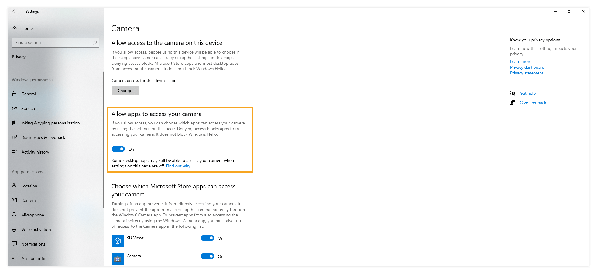 Allowing which apps to use your camera and microphone / Windows Apps Permissions: Camera settings
