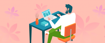 An image with spring mood of a men in front of a laptop ready for online learning