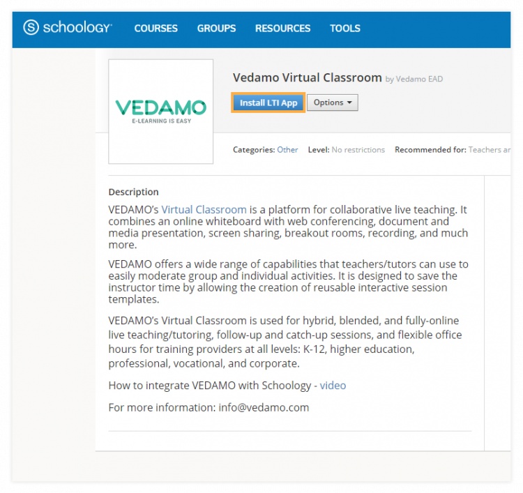 VEDAMO LTI app installation