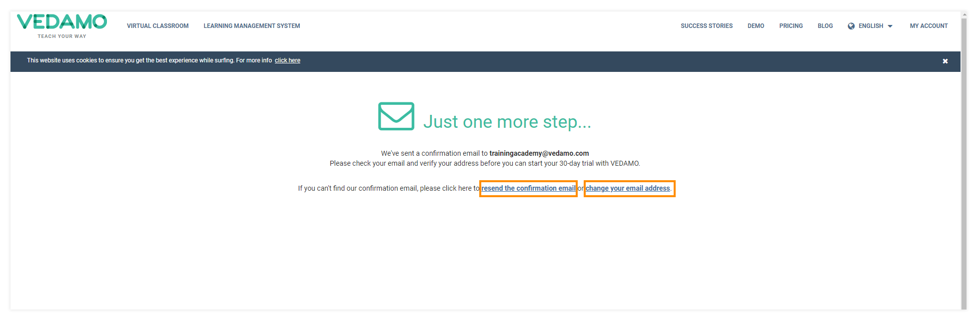 Virtual Classroom – Start for free: Resend verification email page