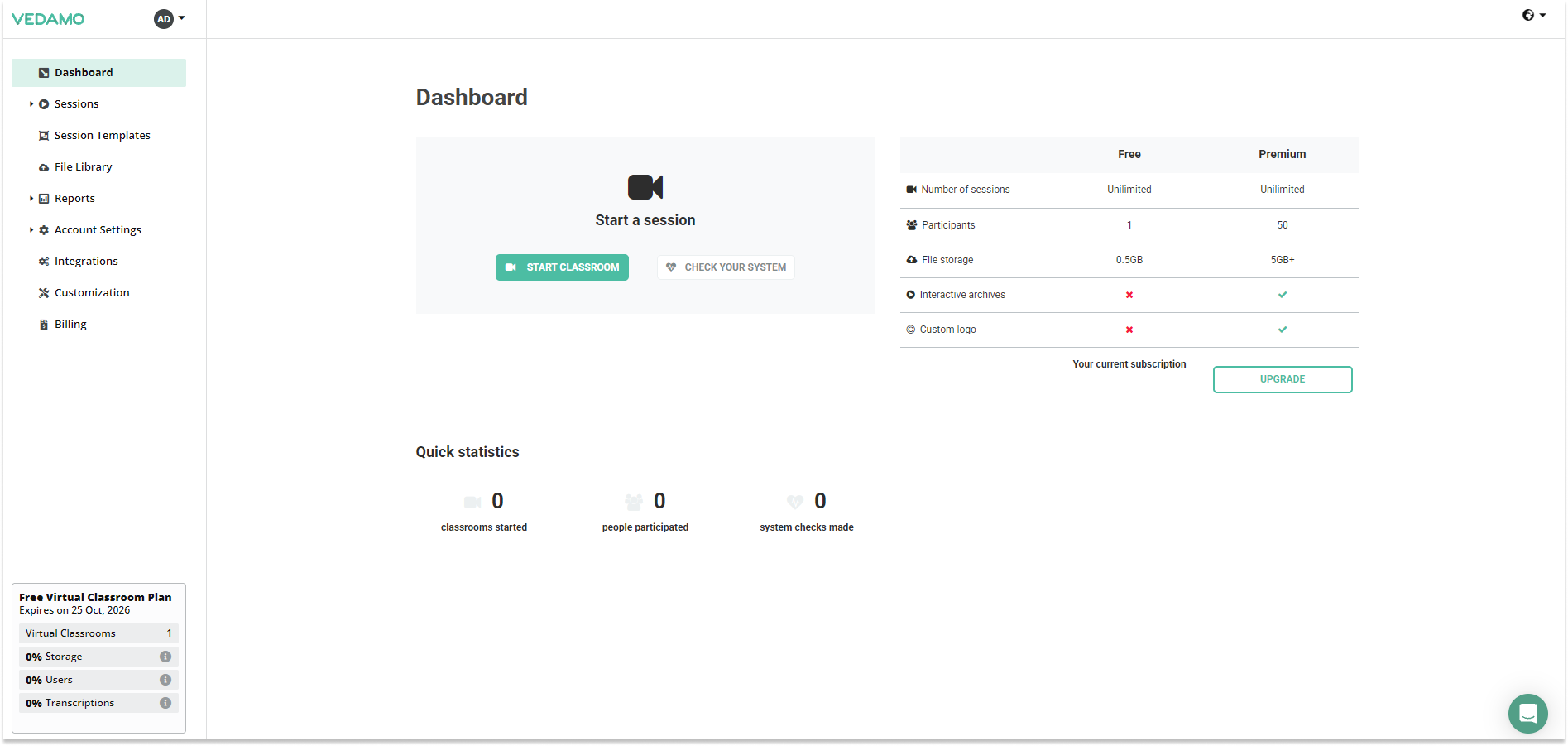 Virtual Classroom – Start for free: Free account page