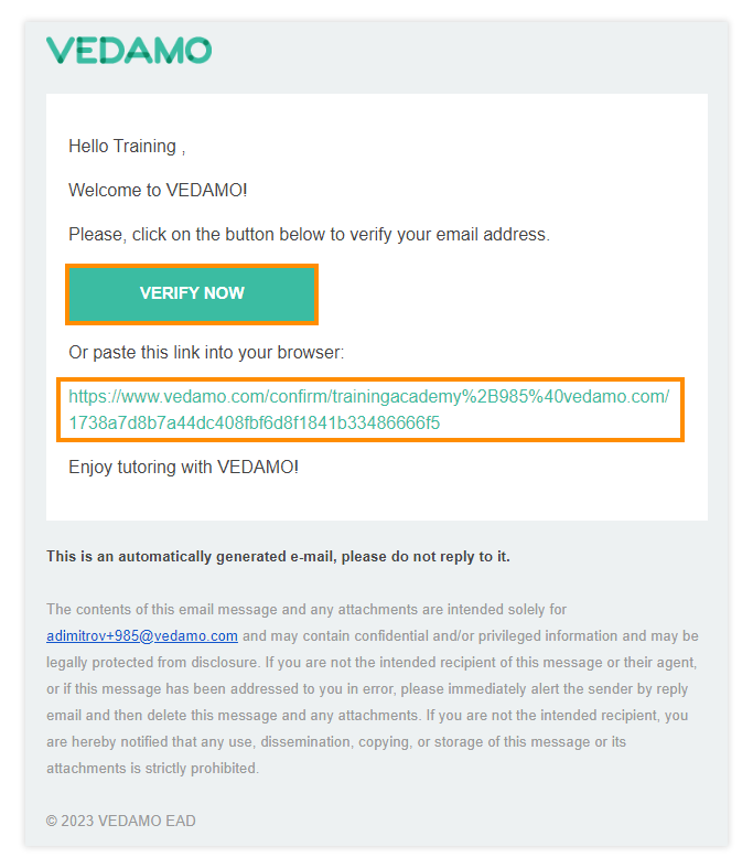 Virtual Classroom – Start for free: Confirm your email address which finalizes the registration process