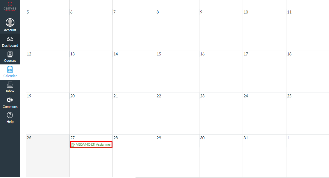VEDAMO virtual classroom assignment in Canvas - calendar