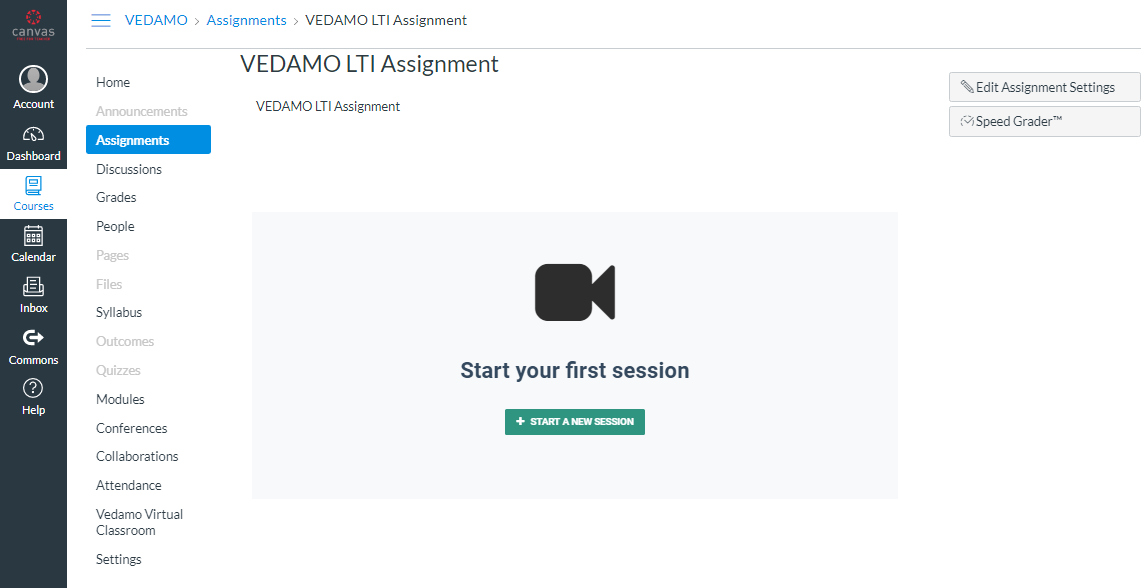 VEDAMO virtual classroom assignment in Canvas - Start your first session