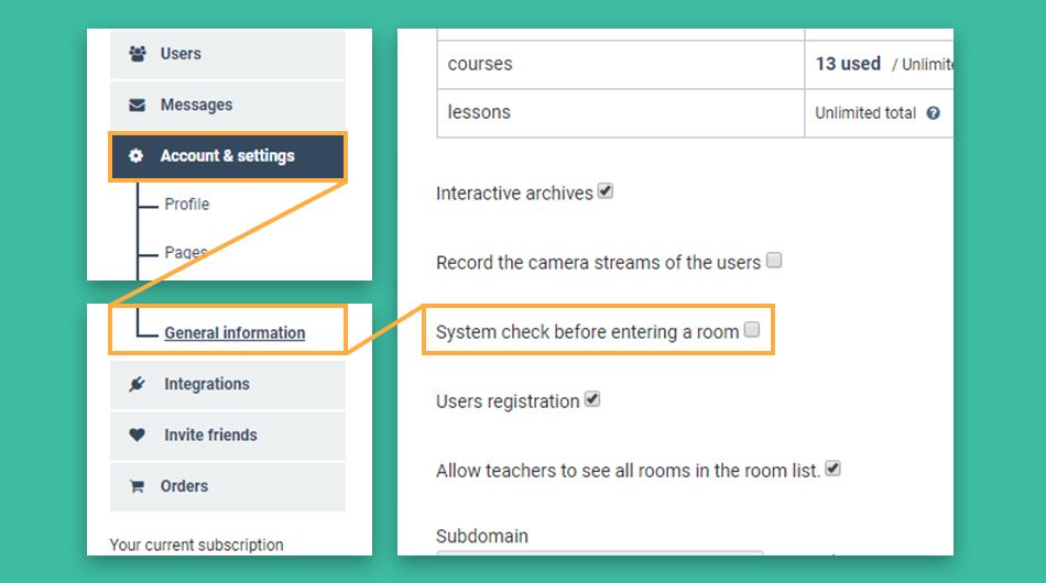 virtual classroom system check Settings