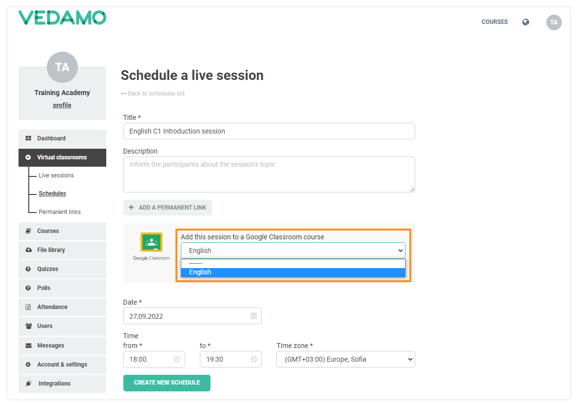 VEDAMO and Google Integrations: Select a Google Classroom course