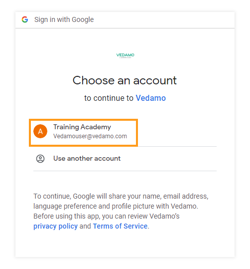 Vedamo and Google Integrations: Select an accountVedamo and Google Integrations: Select an account