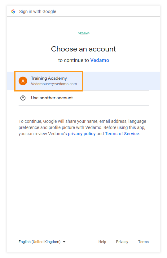 VEDAMO and Google Integrations: Select an account