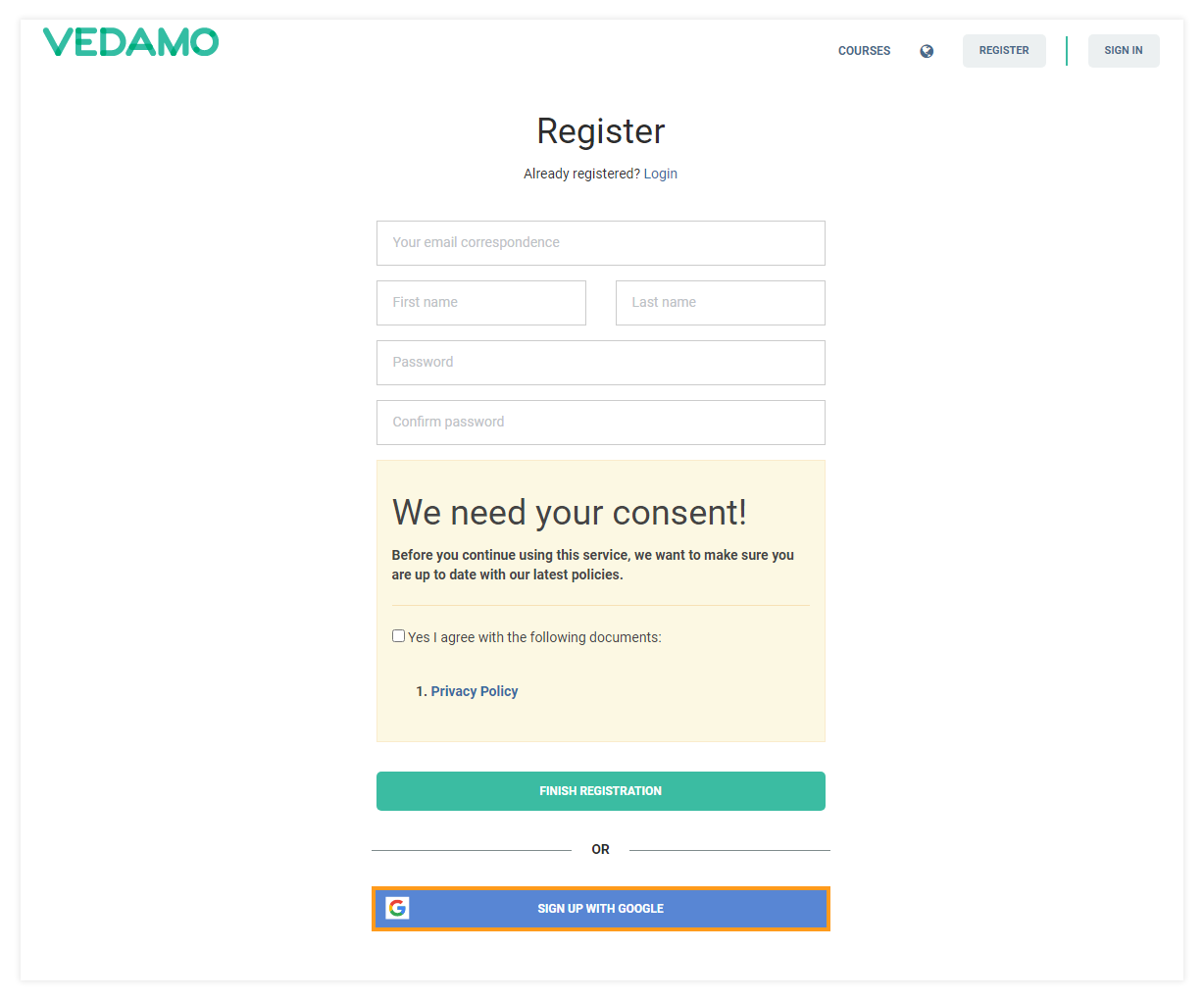 VEDAMO and Google Integrations: Sign up with Google