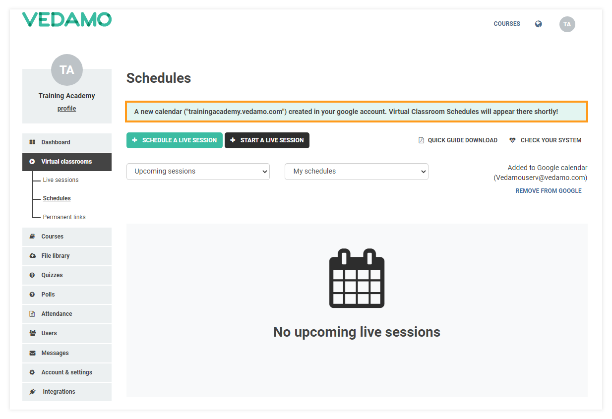 Vedamo and Google Integrations: VEDAMO account integrated with Google Calendar