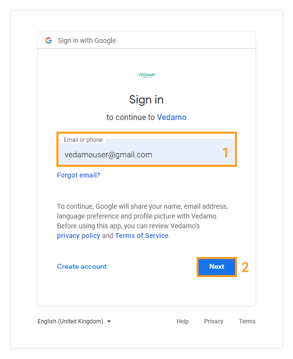 VEDAMO and Google Integrations: Select a Google account