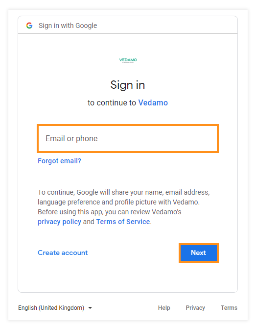 Vedamo and Google Integrations: Choosing an account
