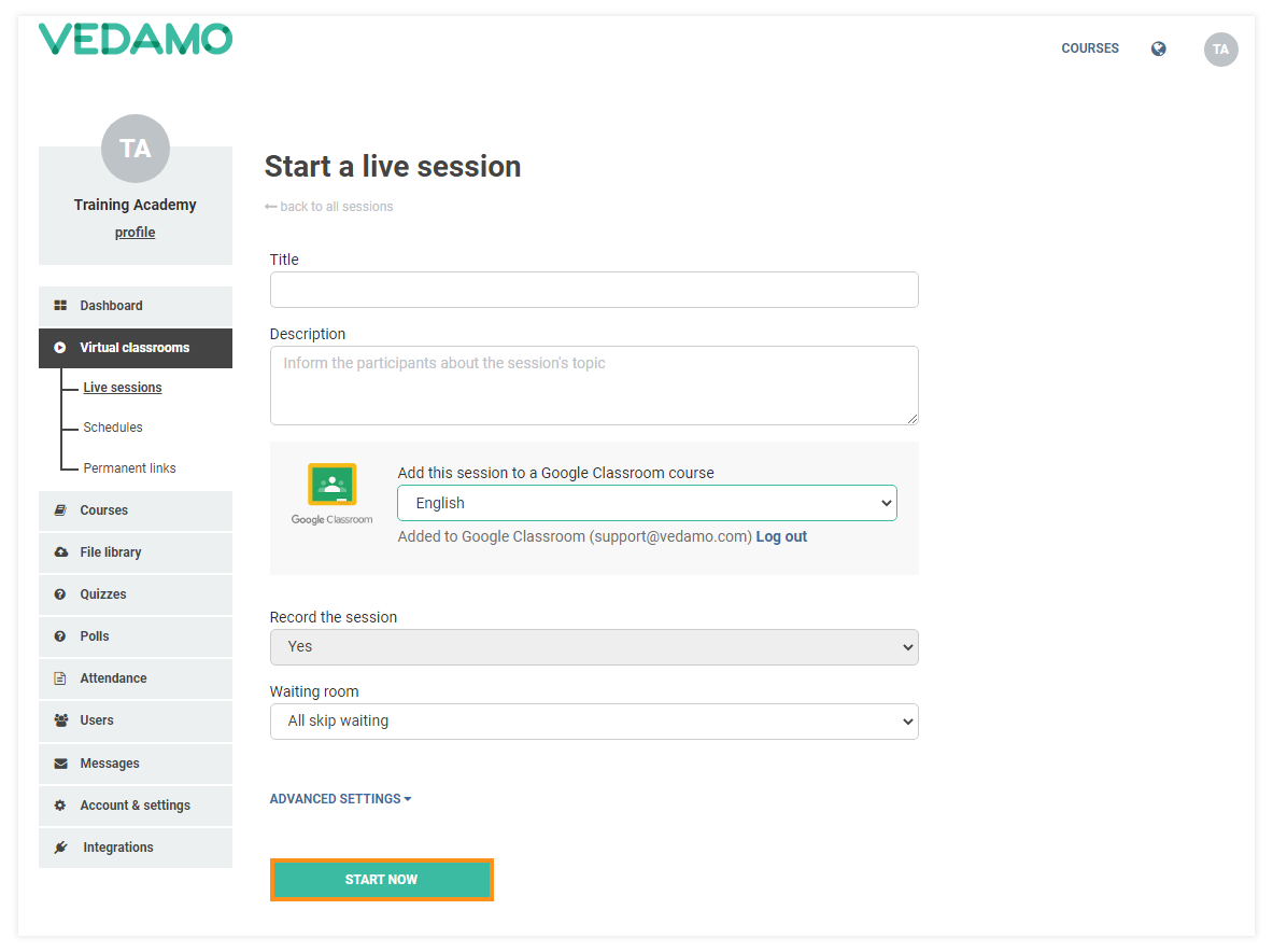 VEDAMO and Google Integrations: After you have added your Google CLassroom course you are ready to start your session