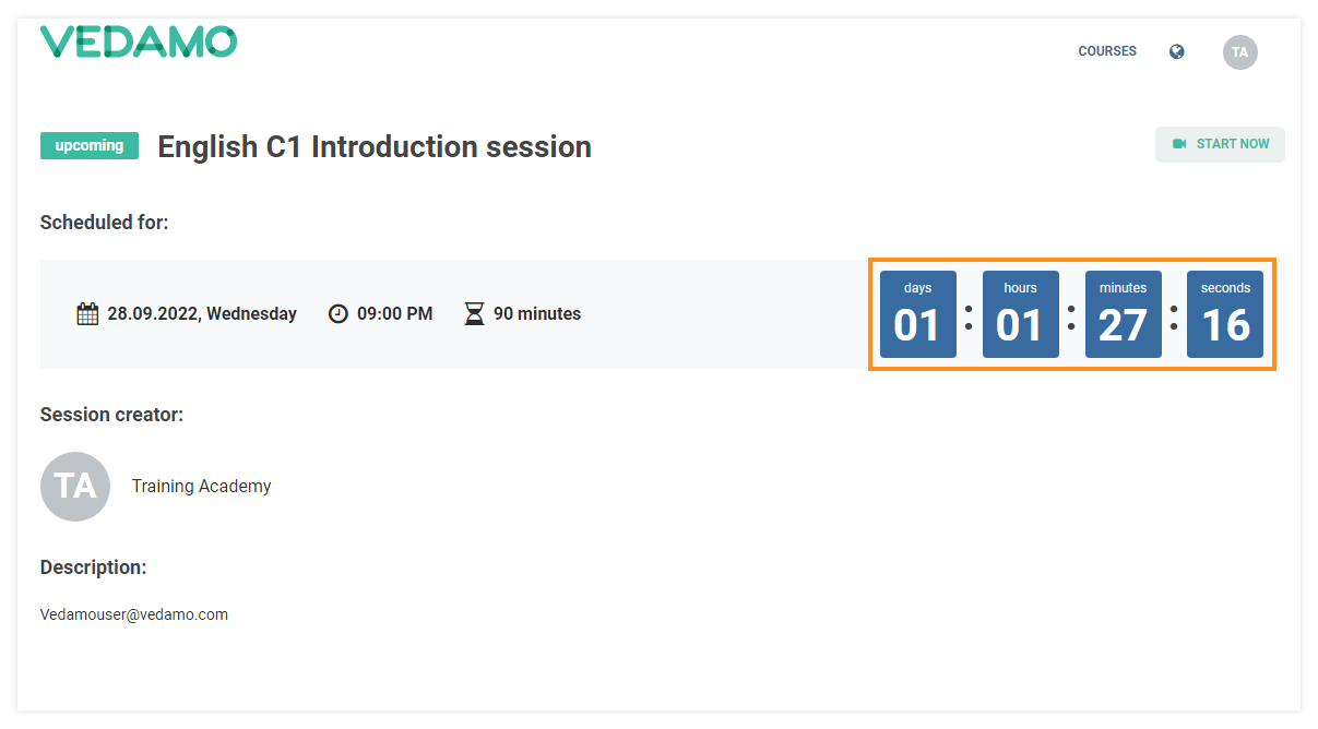 VEDAMO and Google Integrations: Upcoming session information screen with a countdown timer