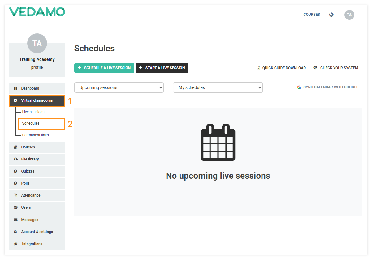 VEDAMO and Google Integrations: Scheduled sessions can also be integrated with Google Classroom