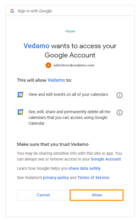 Vedamo and Google Integrations: Allowing Vedamo access to your Gmail account