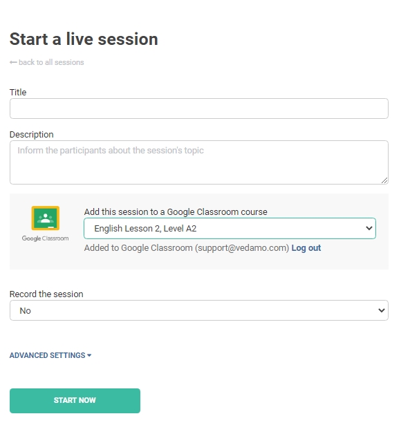 VEDAMO and Google Integrations: Start a live session