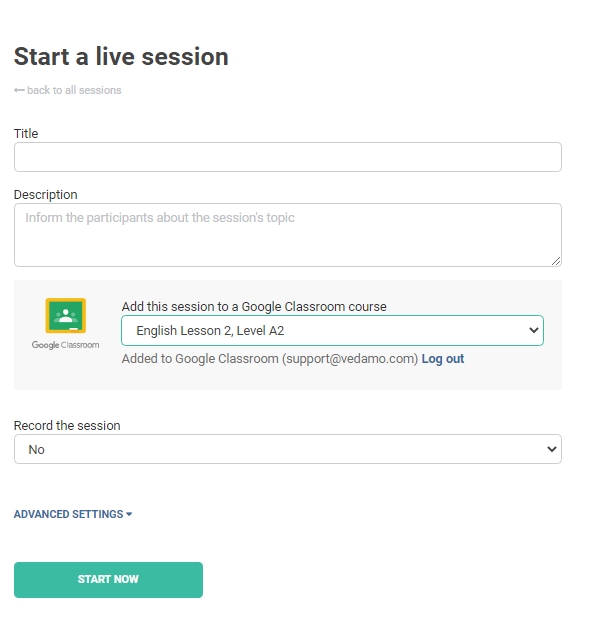 VEDAMO and Google Integrations: Start a live session VEDAMO and Google Integrations: Start a live session