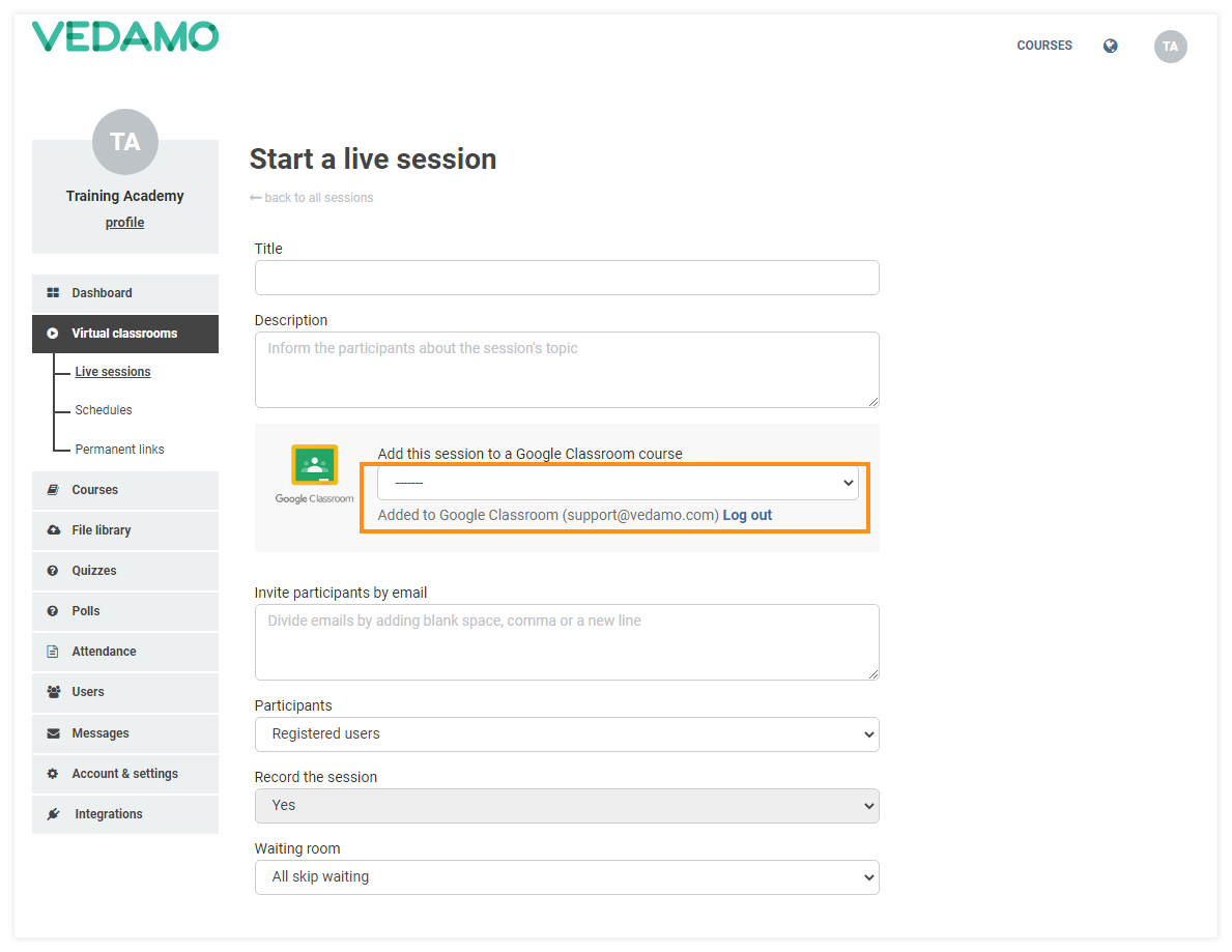 Vedamo and Google Integrations: Adding or removing a Google classroom to your Virtual session