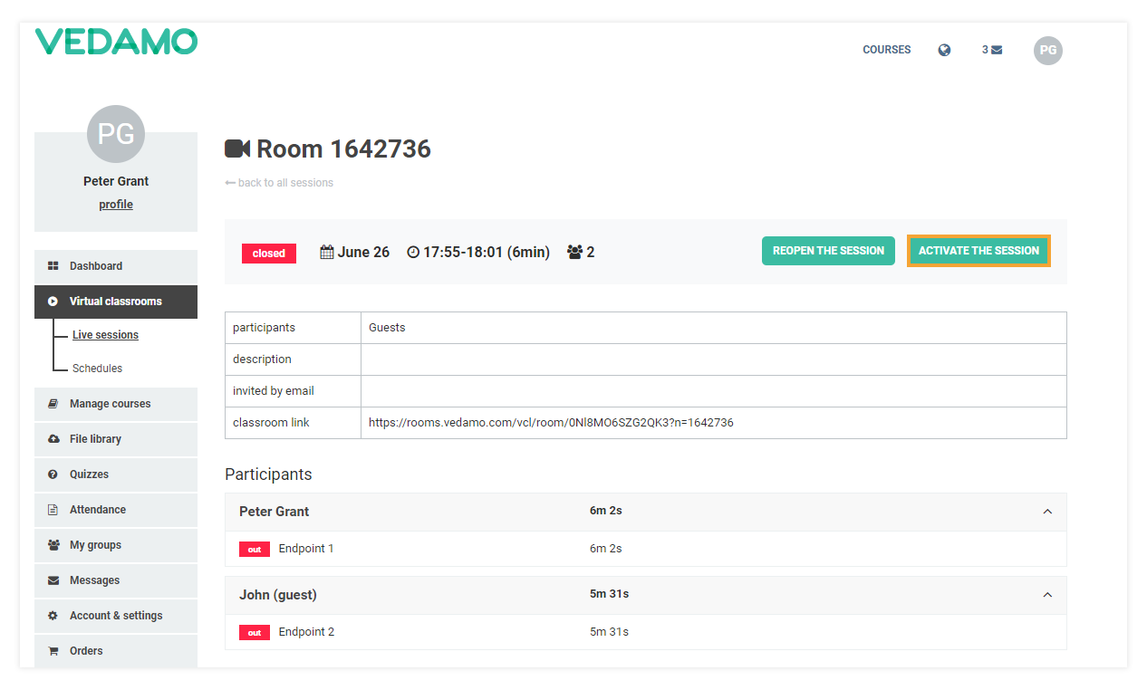 Room activate and deactivate functionality: activate the session