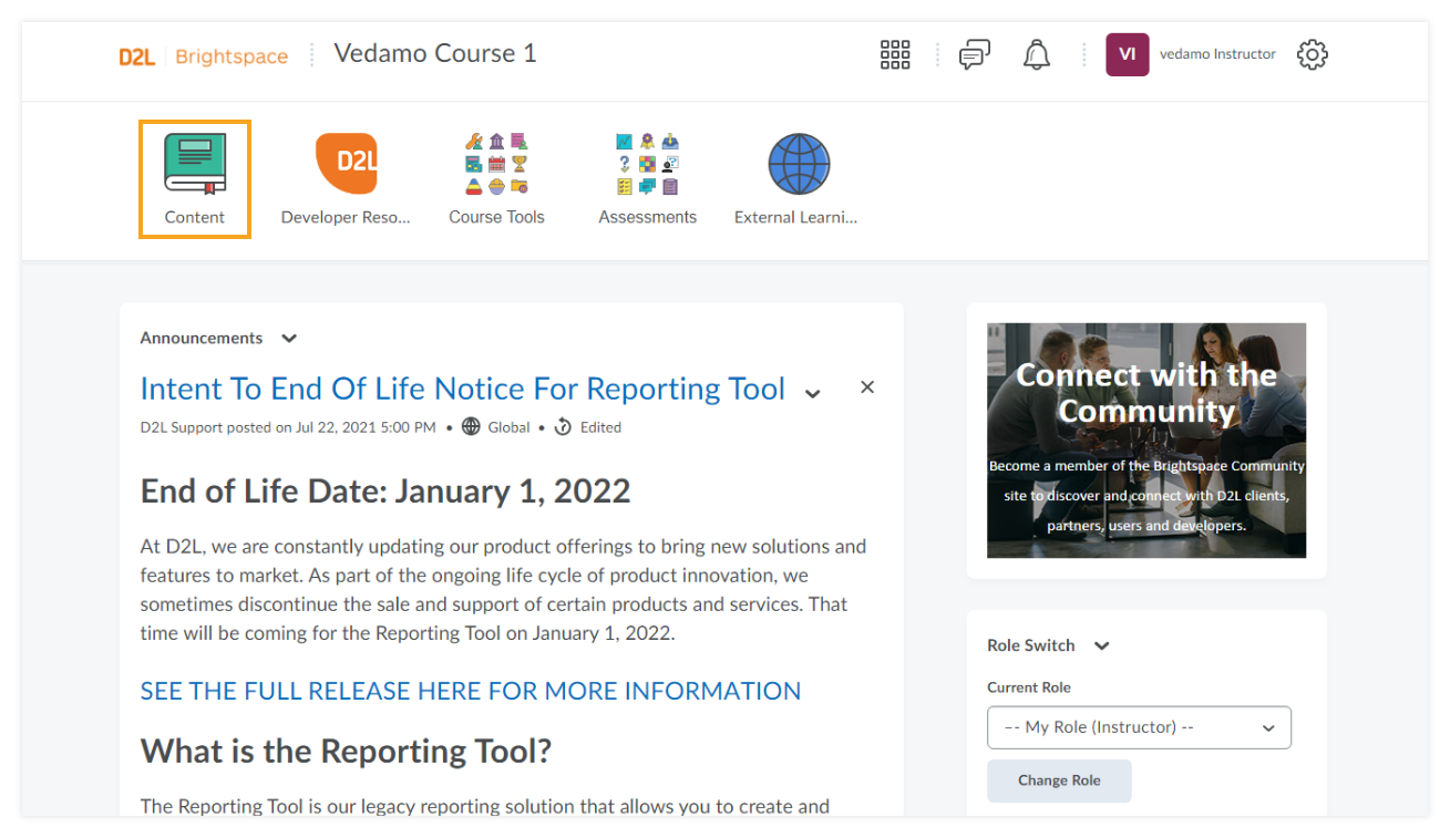 How to use VEDAMO Virtual Classroom as an Instructor in Brightspace by D2L: you will have to select "content" in order to proceed to the next step