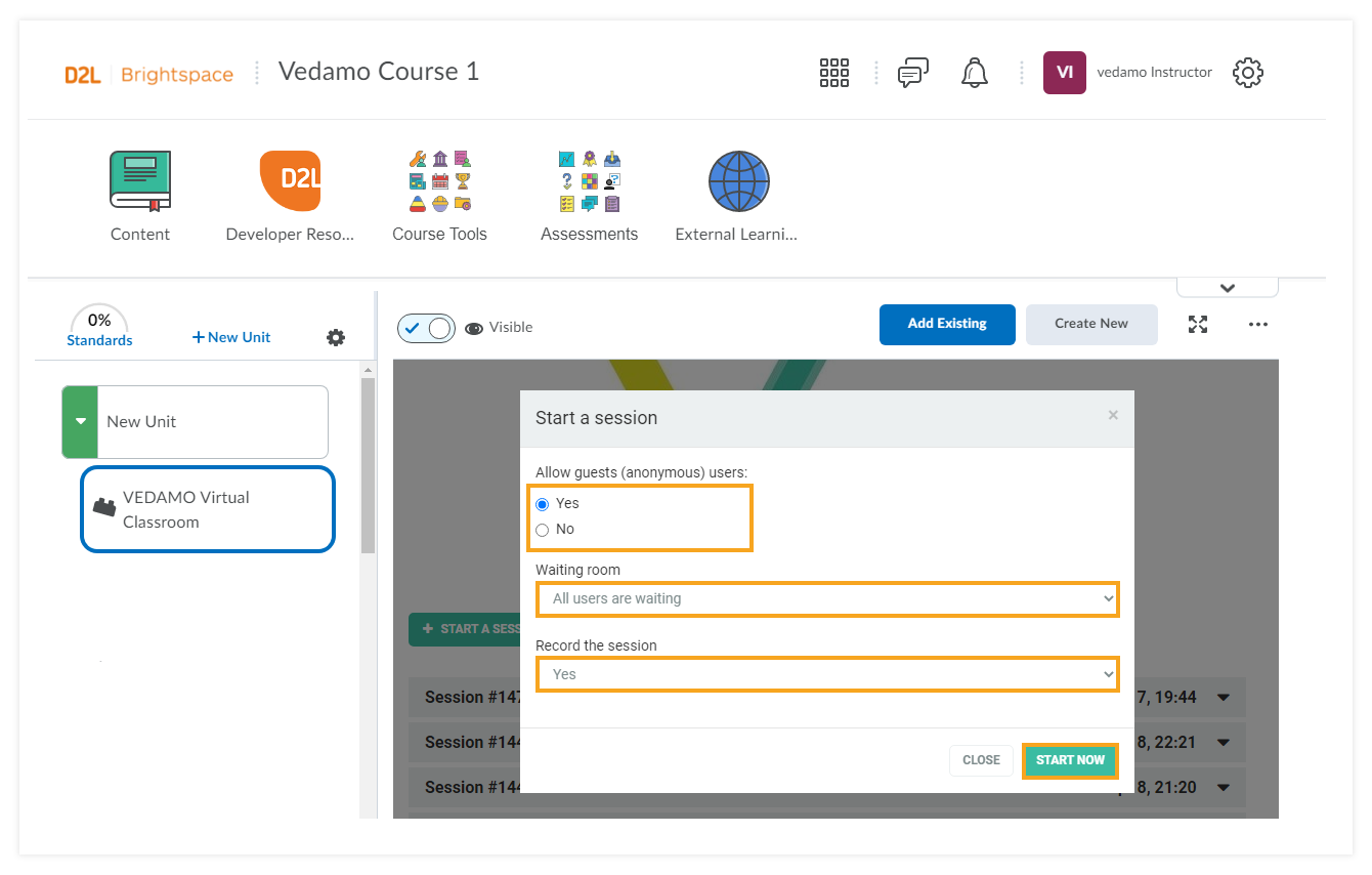 How to use VEDAMO Virtual Classroom as an Instructor in Brightspace by D2L: start a session/settings page