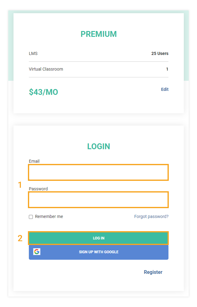 How to downgrade plan in VEDAMO: Enter your credentials