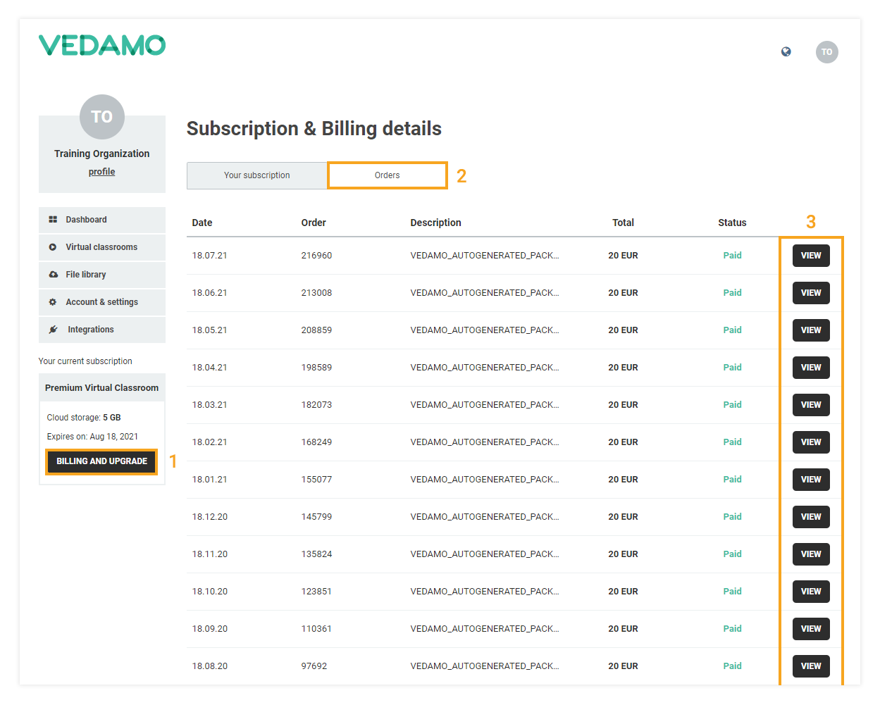 VEDAMO Billing and Payment History: Where to find my invoice: VEDAMO Orders menu