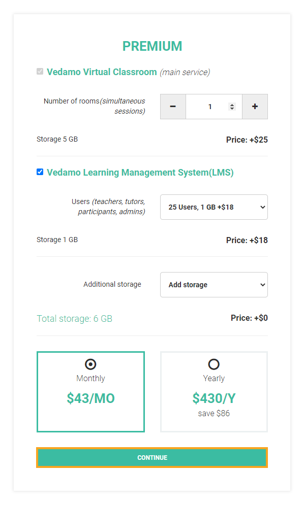 How to downgrade plan in VEDAMO: Select continue on this page