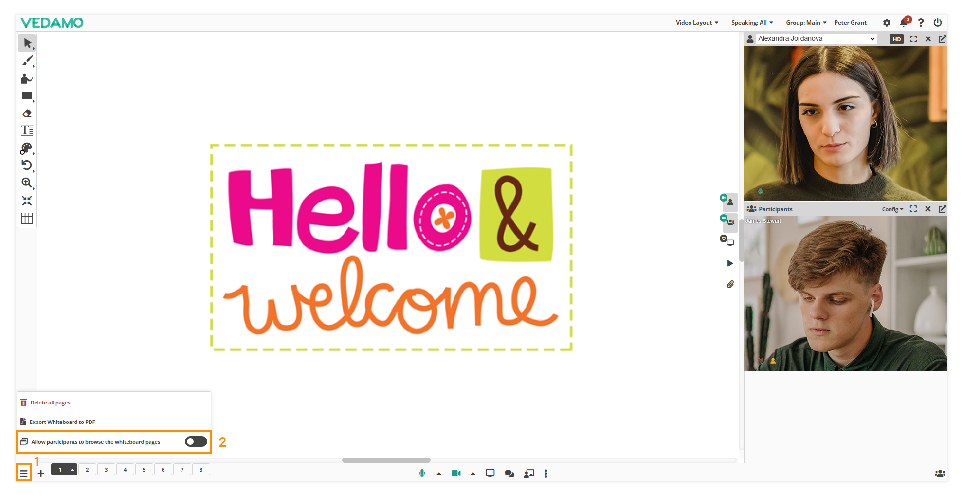 Whiteboard Settings: Whiteboard Pages Setting Online Whiteboard Settings: Allowing participants to browse the whiteboard pages