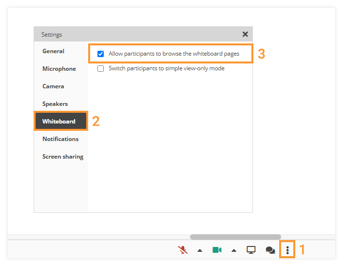 Whiteboard Settings: Whiteboard Pages Setting Online Whiteboard Settings: Allowing participants to browse the whiteboard pages
