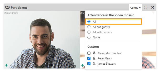 Individual video and Screen Share in the Virtual Classroom: from the classroom settings you can set the mosaic to include everyone