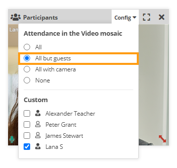 Individual video and Screen Share in the Virtual Classroom: from the classroom settings you can set the mosaic to include everyone but guests