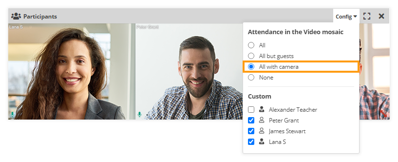 Individual video and Screen Share in the Virtual Classroom: from the classroom settings you can set the mosaic to include everyone every participant with the camera that was switched on