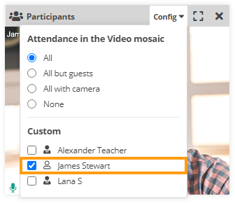 Individual video and Screen Share in the Virtual Classroom: You can use a custom mosaic layout if you want to choose who is represented in the video mosaic