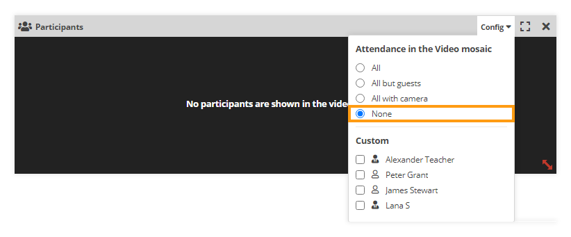 Individual video and Screen Share in the Virtual Classroom: from the classroom settings you can set the mosaic not to include any of the participants