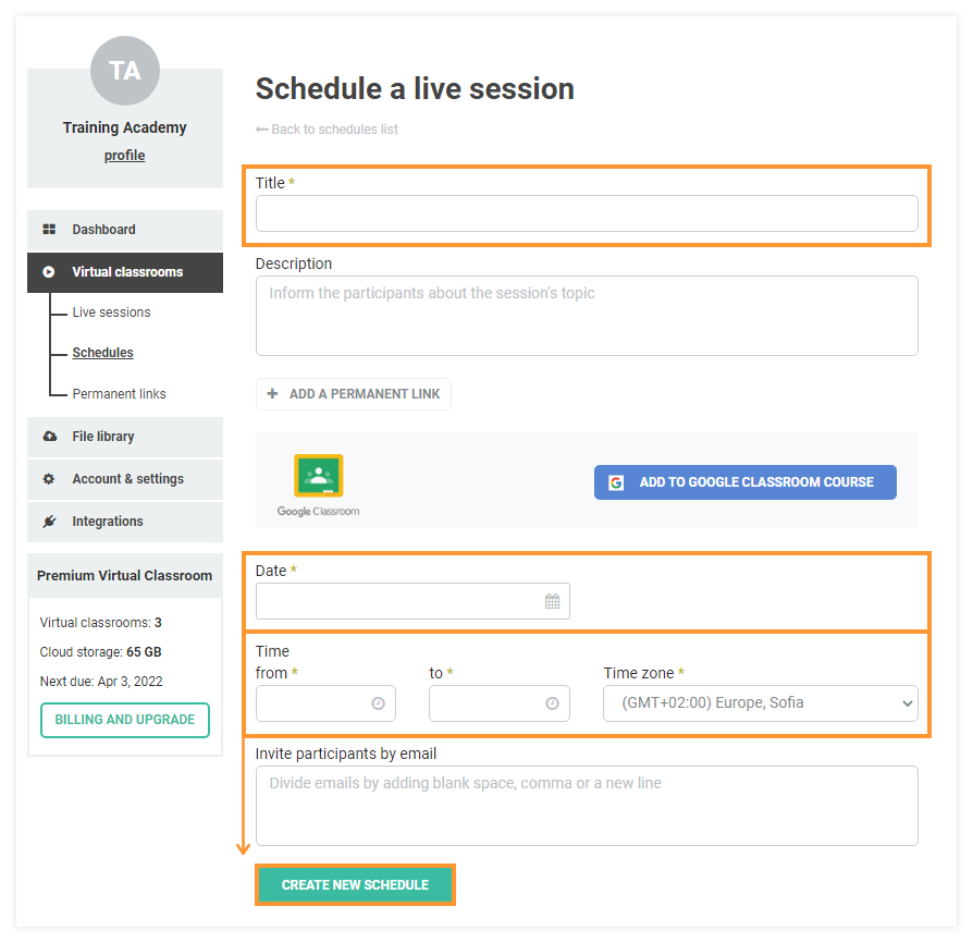 Creating Schedules for Virtual Classrooms: Schedules creation page