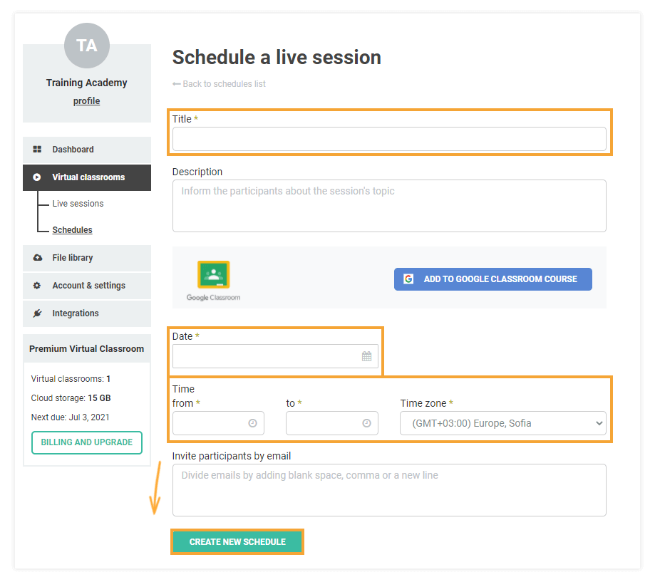 Schedules for Virtual Classrooms: Schedules creation page
