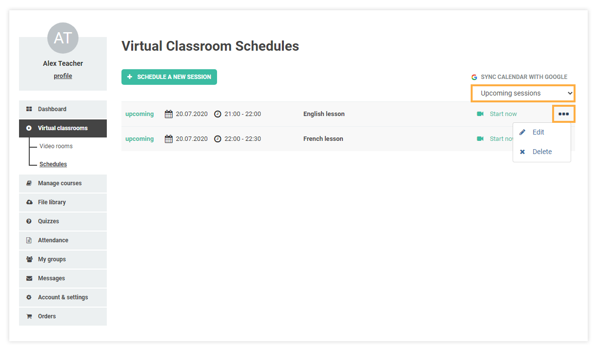 Schedules for Virtual Classrooms: Upcoming sessions Delete/Edit