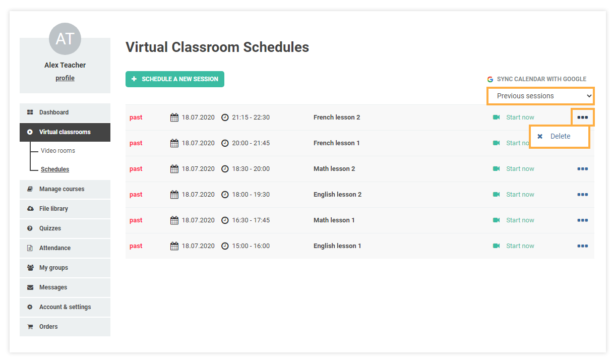 Schedules for Virtual Classrooms: Past sessions and delete option